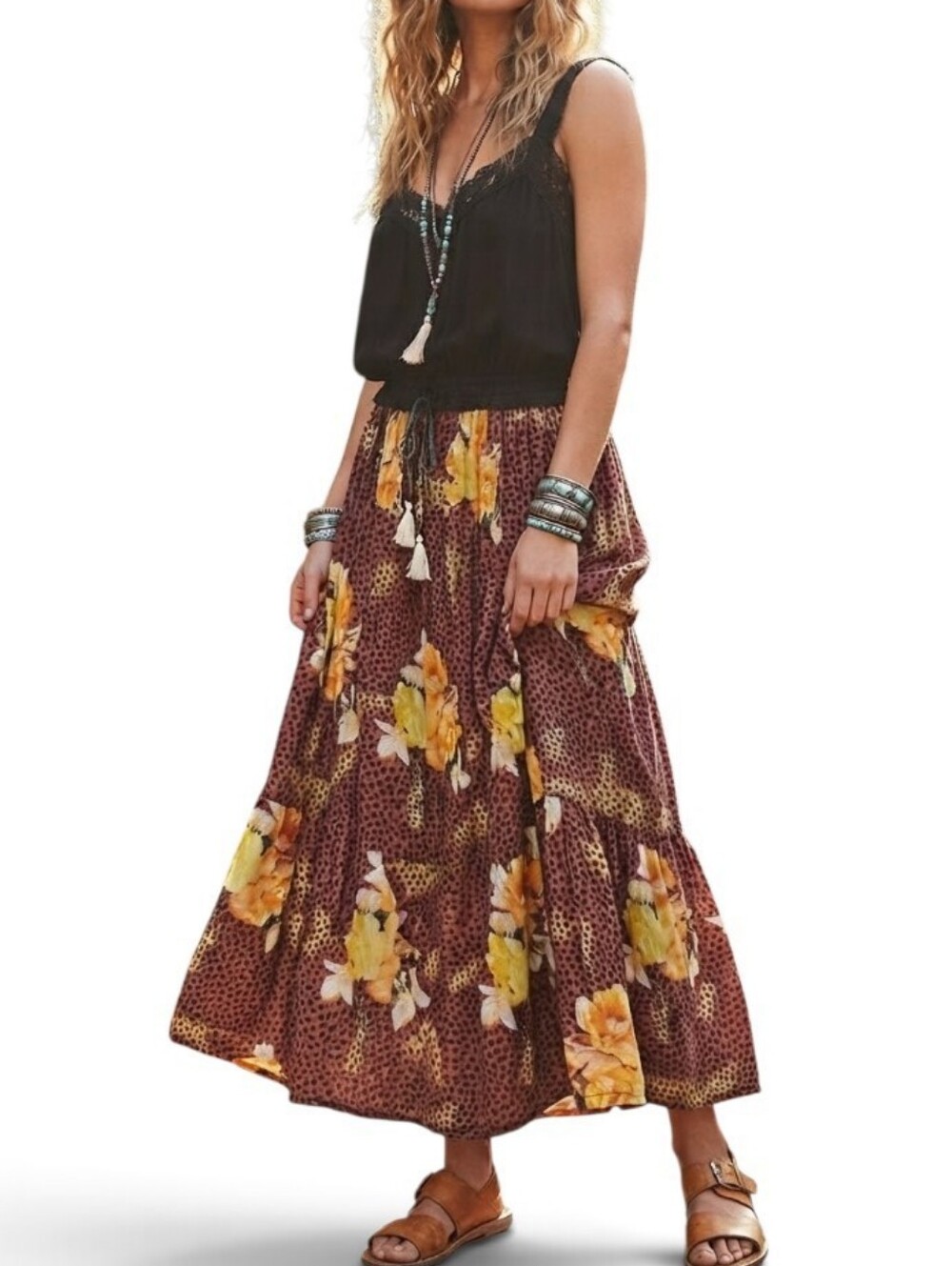 90s Vintage Long Broom Skirt Floral Animal Print Maroon Cotton Size M